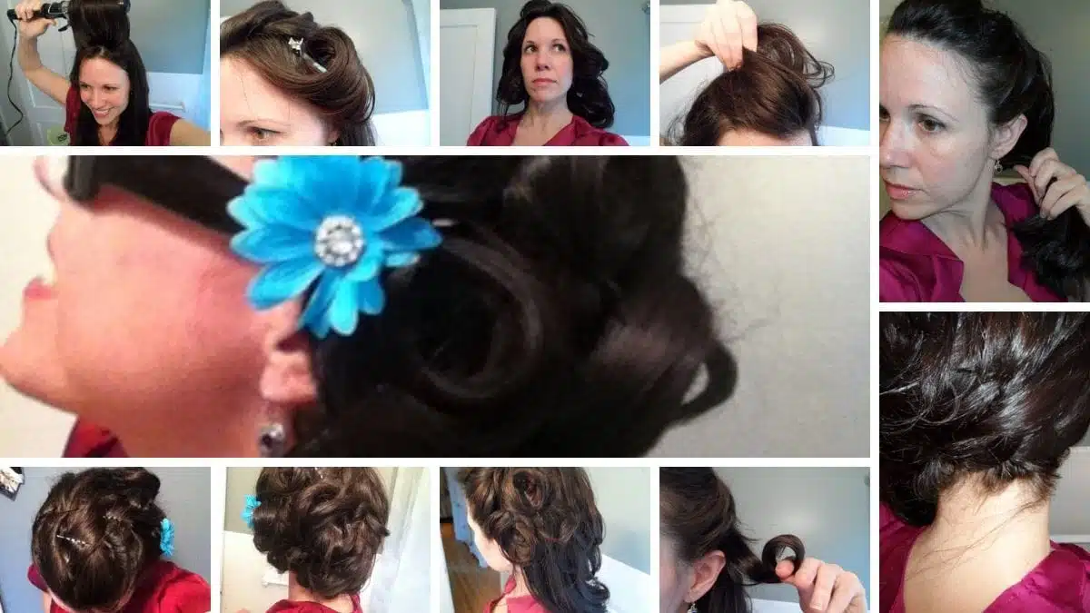 Collage of images detailing steps of updo tutorial