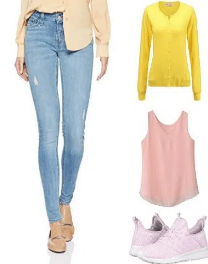Outfit collage of sweater, tank top, sneakers and skinny jeans 