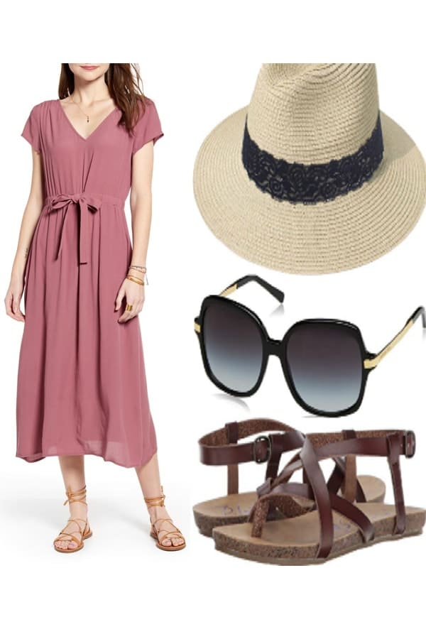 Outfit collage with midi dress, sandals and hat 