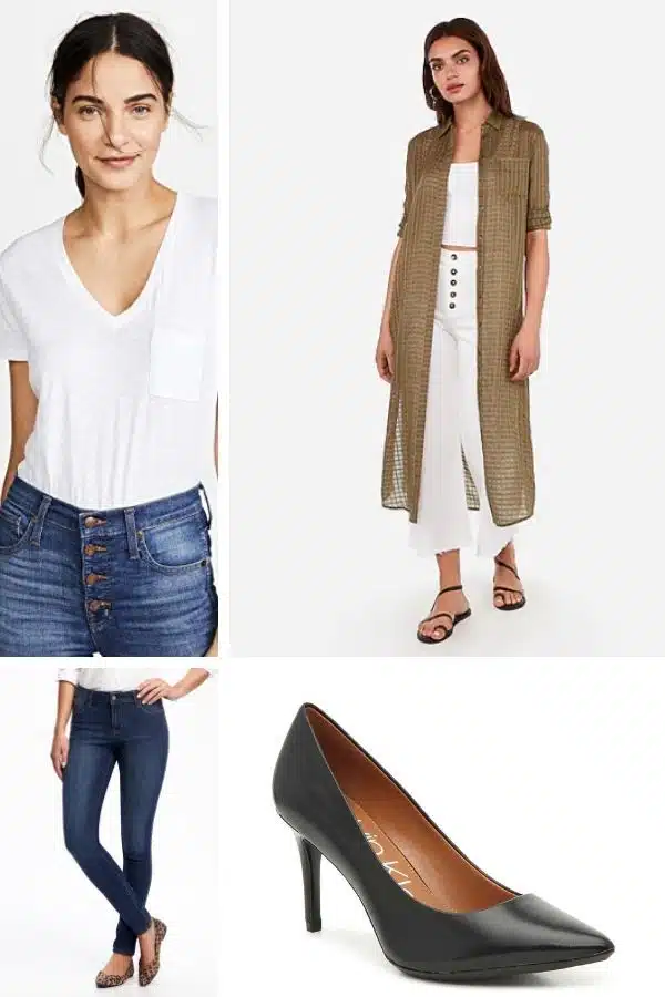 Outfit collage with t-shirt, sheer duster, skinny jeans and pumps 