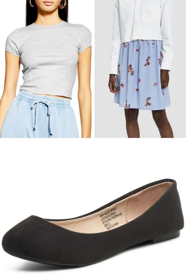 Outfit collage: belted patterned skirt, neutral top and black flats