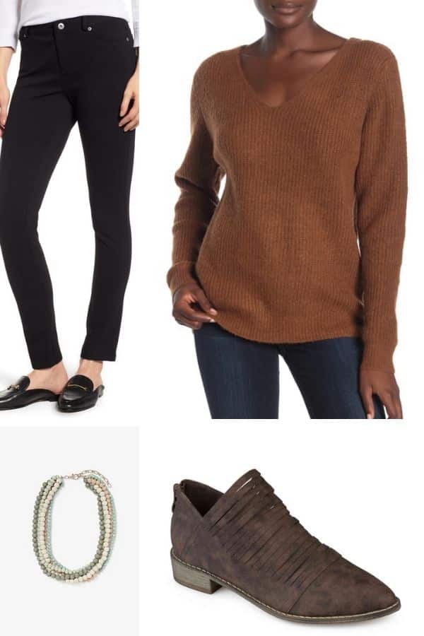 Outfit collage with ponte pants, sweater, beads and ankle boots 