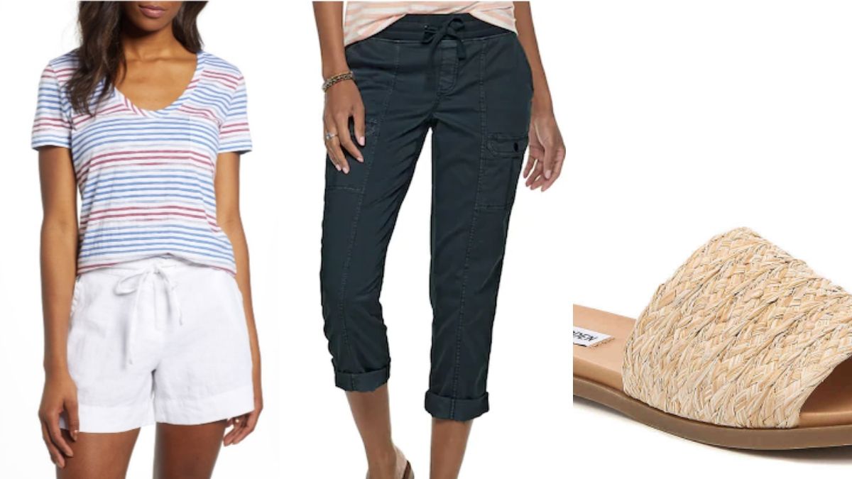Outfit collage for women over 50: capris, striped t shirt and sandals!