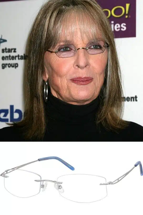 Diane Keaton wearing rimless, geometric glasses. 