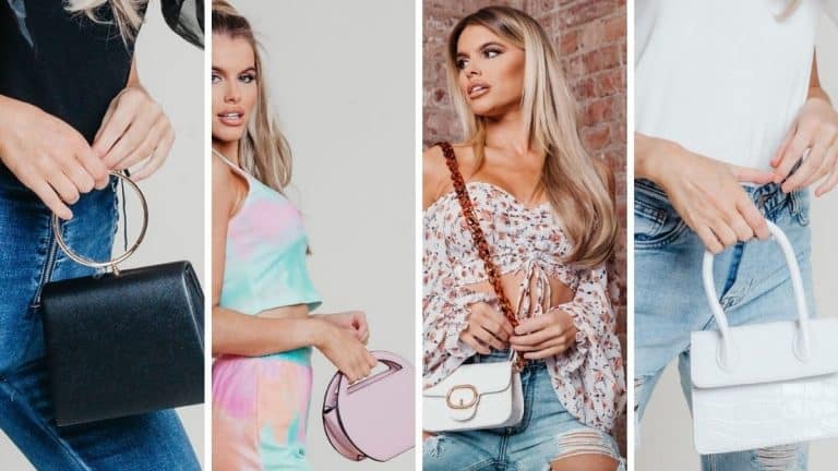 Collage of Hayley Hughes modeling mini handbags