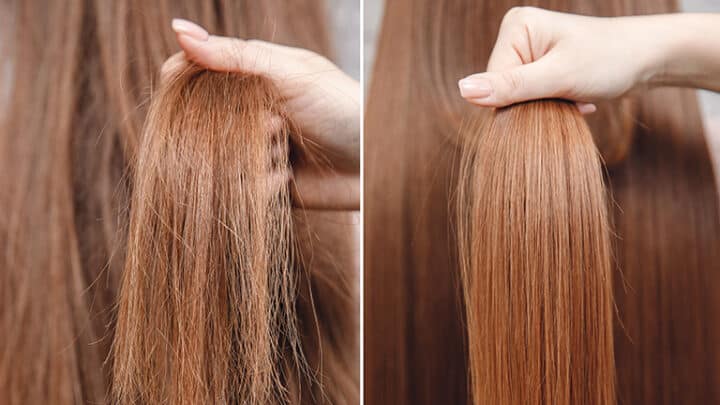 Side by side images of damaged hair and healthy hair to represent problem hair solutions.