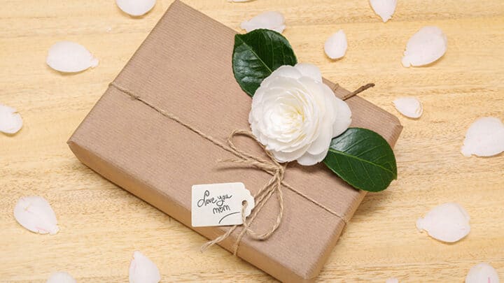 Boxed gift with card reading 