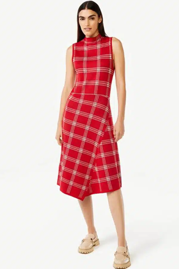 Model wears red plaid midi dress by Walmart Free Assembly.