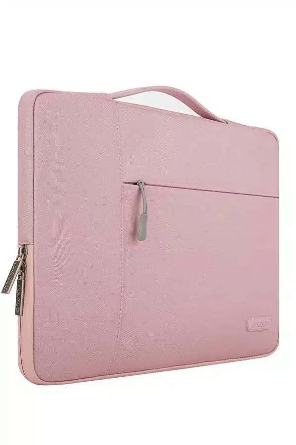 Soft pink laptop sleeve with handle.