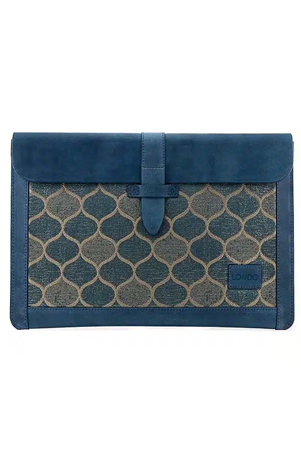Leather laptop sleeve with blue and green design.