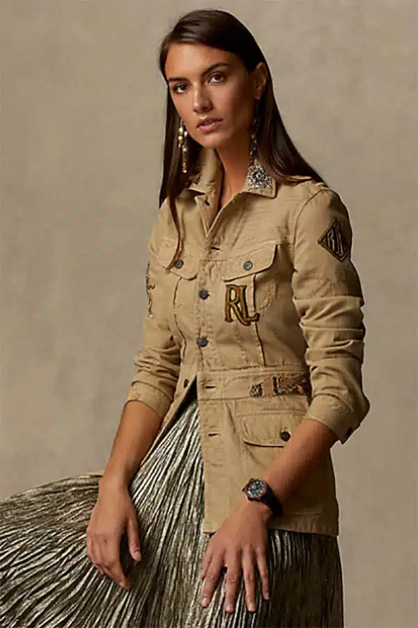 Model wearing Ralph Lauren safari jacket, on of our best fashion trends of all time.