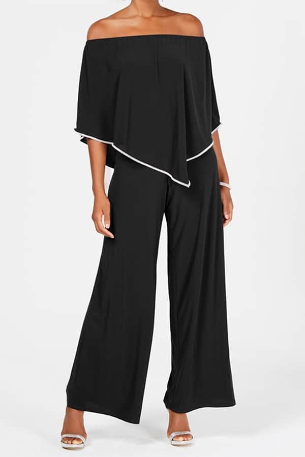 Product shot of model wearing formal jumpsuit as a wedding guest outfit.