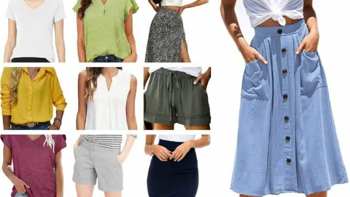 Collage of 10 summer garments that can combine to create 25 summer outfits.
