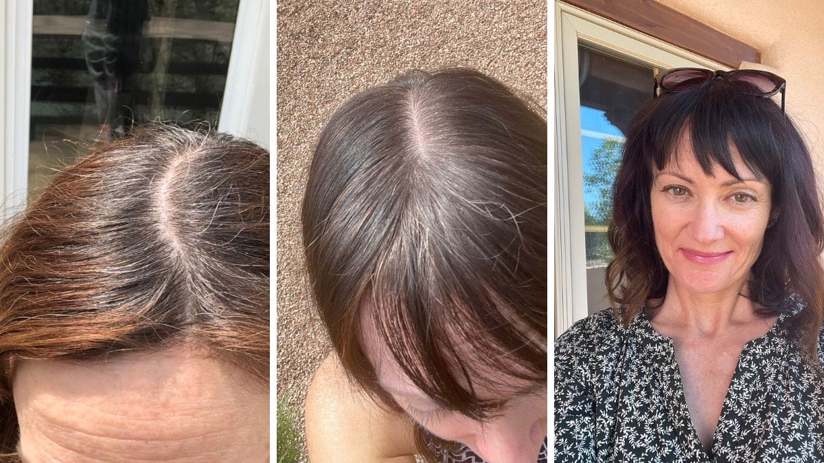 Collage of three hair photos showing varying levels of gray.