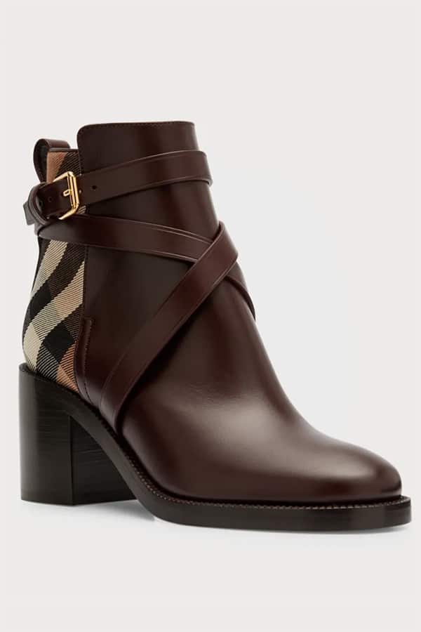 Product shot of Burberry equestrian boot.