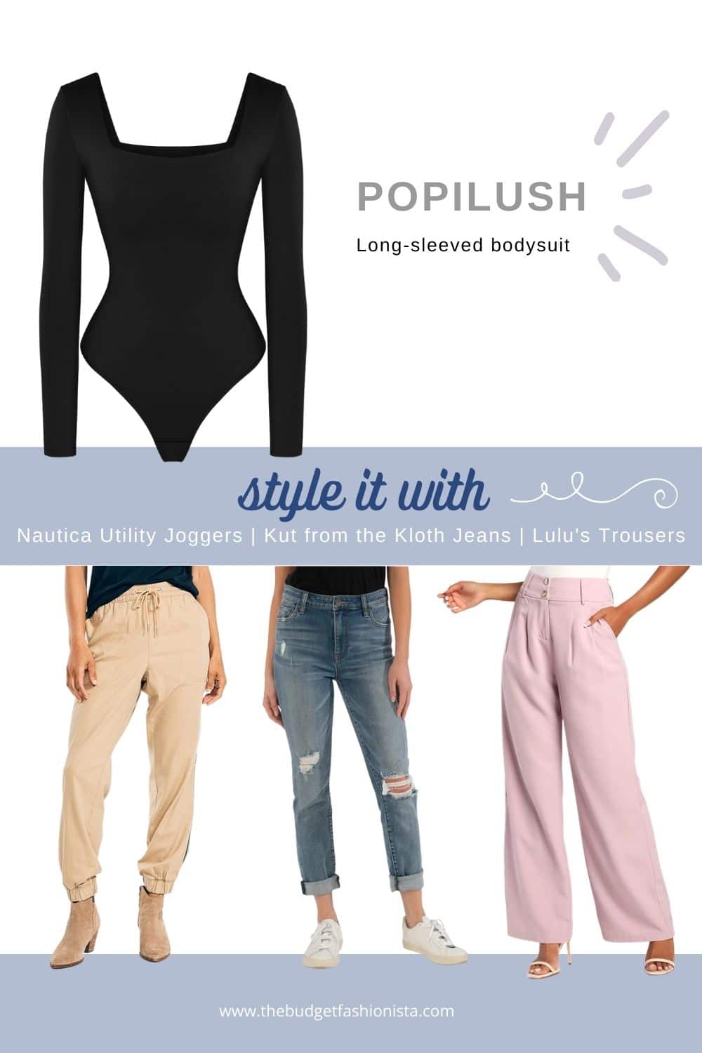 Outfit collage showing how to style a bodysuit with joggers, jeans, or trousers.