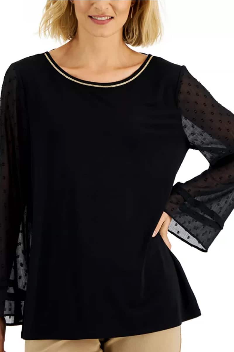 Black sequin top with sheer sleeves from Macy's.