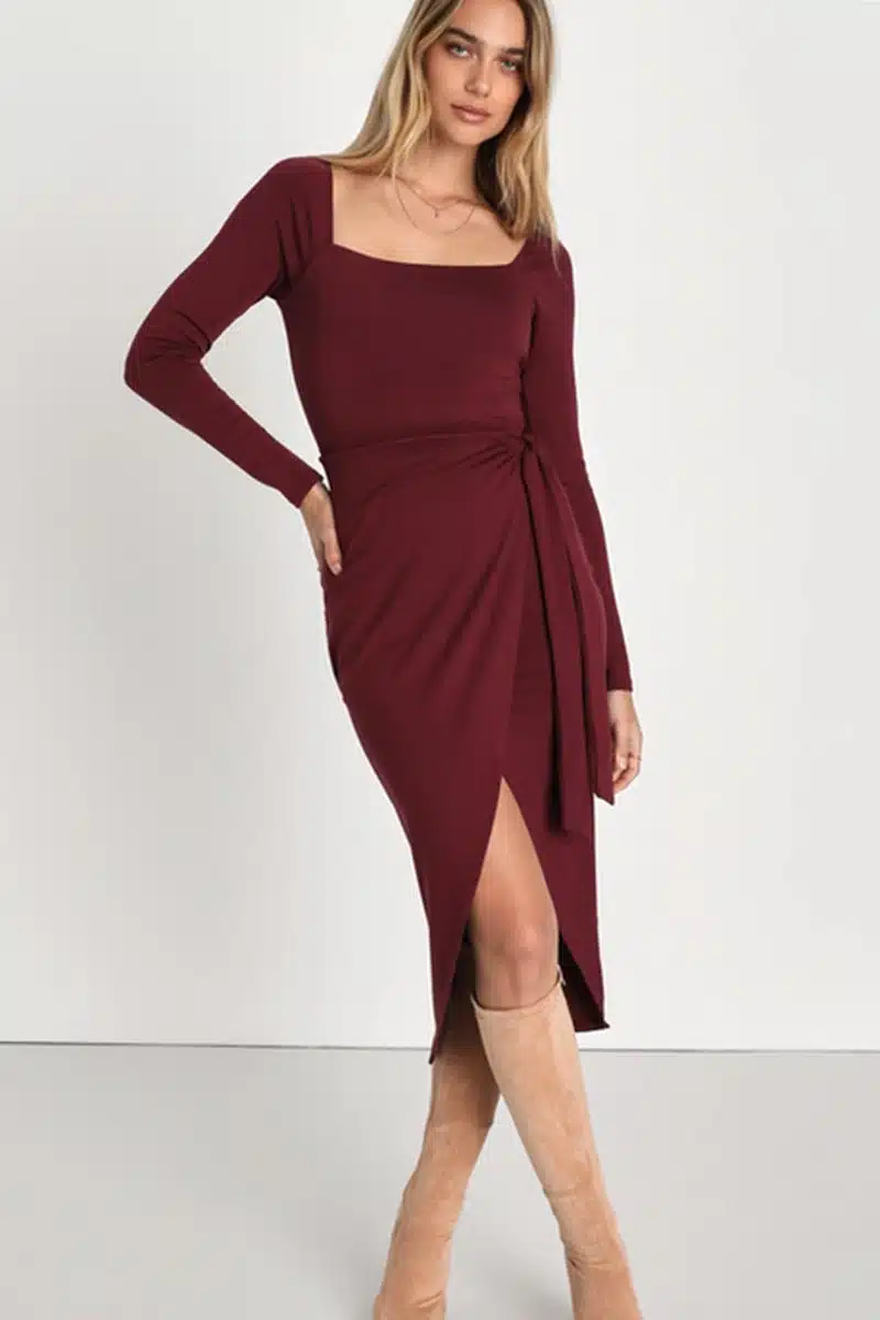 Burgundy wrap dress from Lulus is one of my runway looks for women over 40.