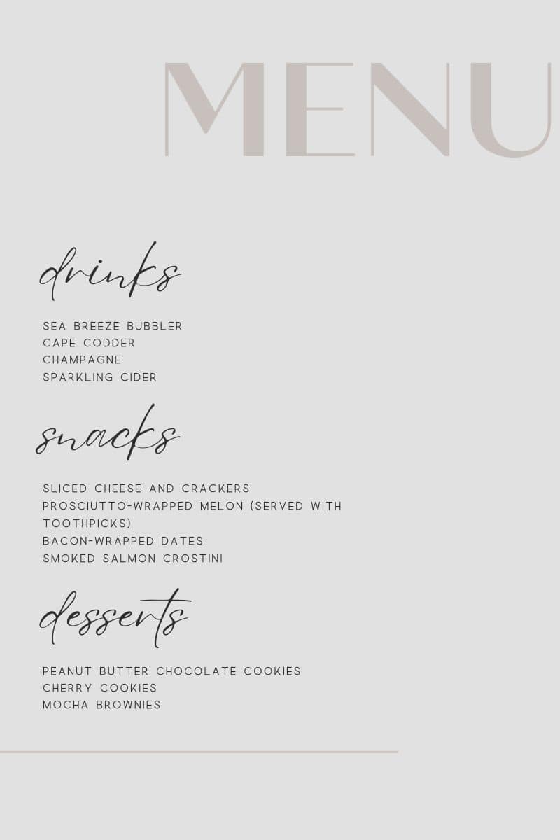 Custom menu for New Year's Eve party.