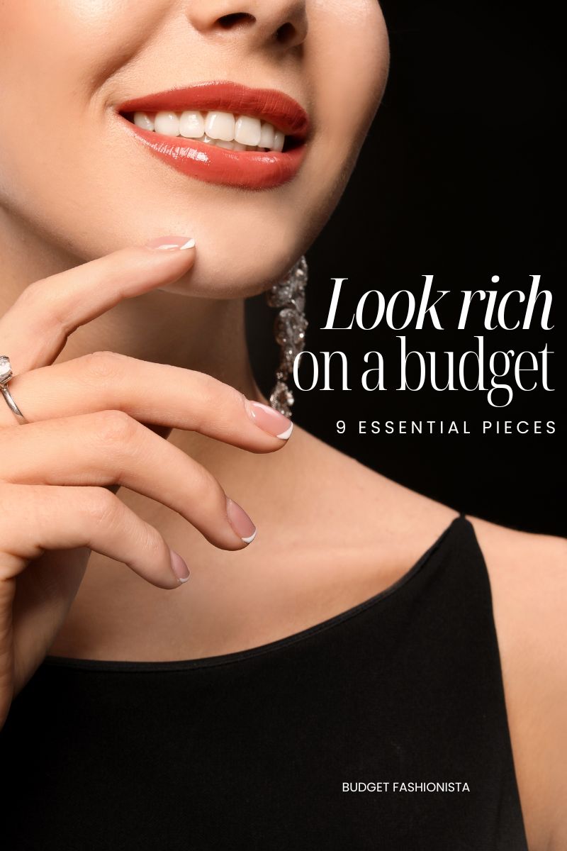 Close view of neck and chin of woman wearing expensive jewelry with text overlay.